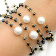 Coated Black Spinel & Pearl Gold Plated Wire Chain